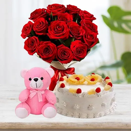 Online Pineapple Cake with Teddy N Roses Bouquet