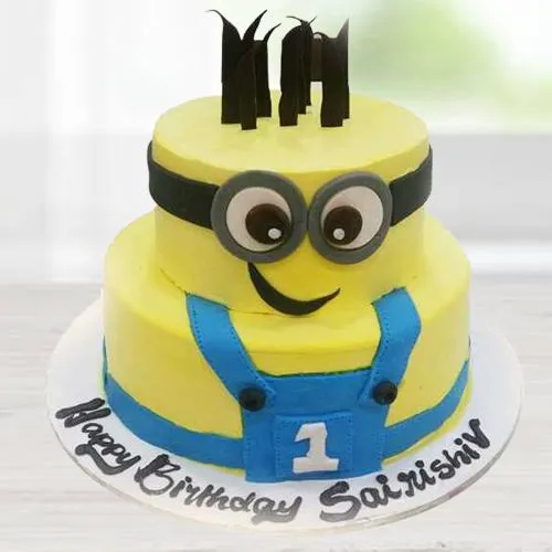 My First Minion Cake For An 11Th Bday Includes 10 Mini Handcut Fondant  Minions And Topped With One Large Minion Celebrating On Top   CakeCentralcom