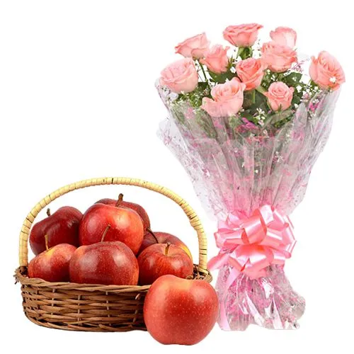 Send Apples in Basket with Pink Rose Bouquet