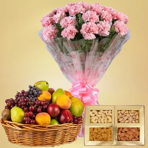 Gift Hamper of Fruits Basket with Assorted Dry Fruits and Pink Carnations Basket