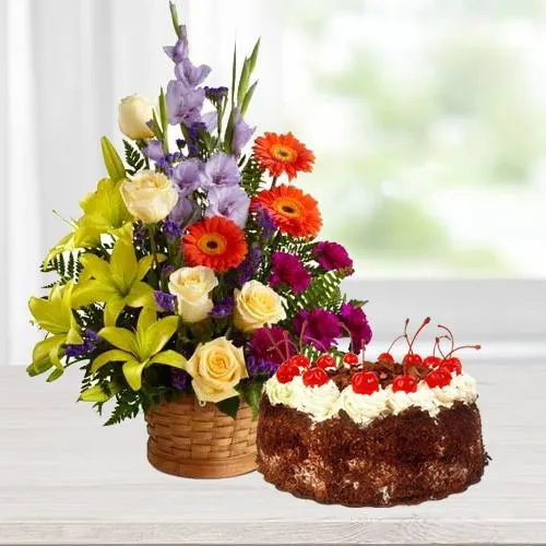 Send Seasonal Flowers with Black Forest Cake