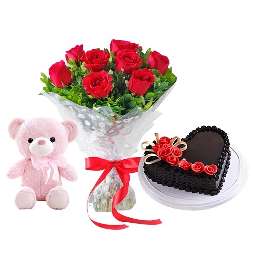 Pink Roses Bouquet with Teddy and Cake