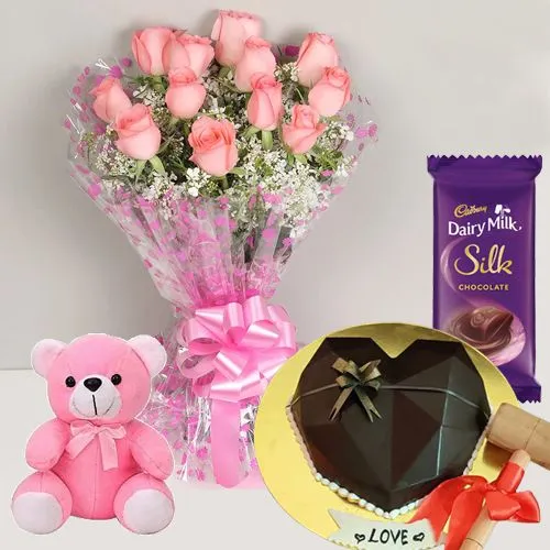 Pink Roses Bouquet with Teddy and Cake