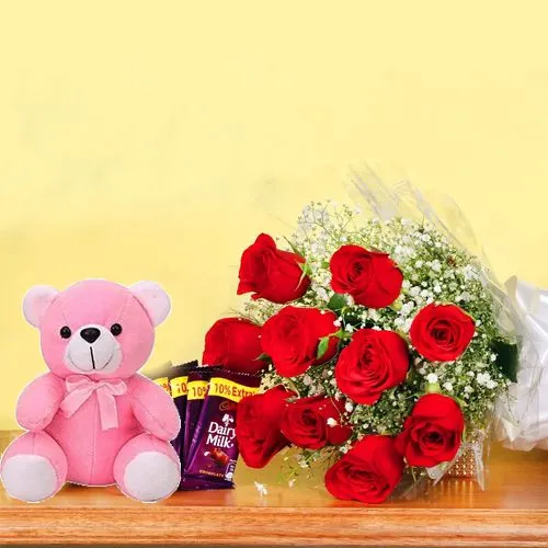 Bouquet of Red and Pink Roses with Chocolate and Teddy Bear