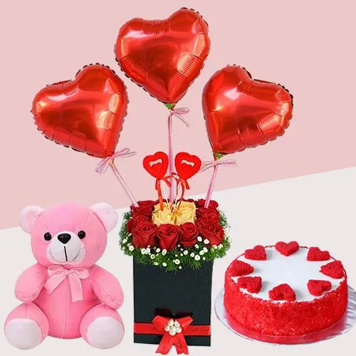 Sending pristine black box of mixed roses n love balloons with red velvet  cake n teddy to Pune, Same Day Delivery - PuneOnlineFlorists