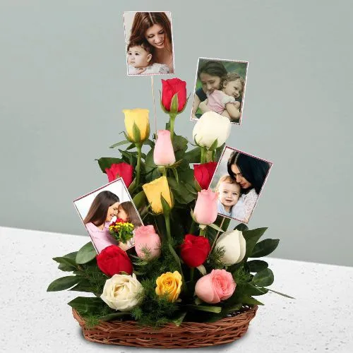 Impressive Mixed Roses Basket with Personalized Photos
