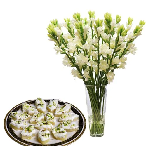 Pristine Love White Tuberose Bunch N Soft Sandesh Gift Combo
