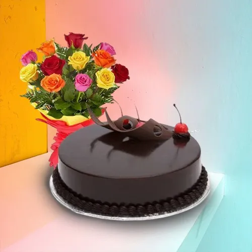Shop Online Combo of Mixed Roses N Chocolate Cake