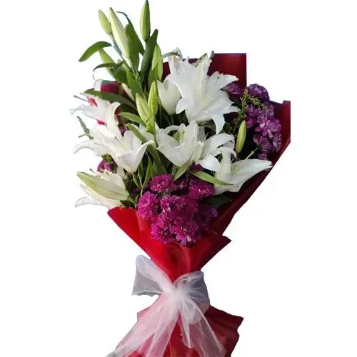 Mesmerizing Bouquet of White Asiatic Lily with Purple Chrysanthemum