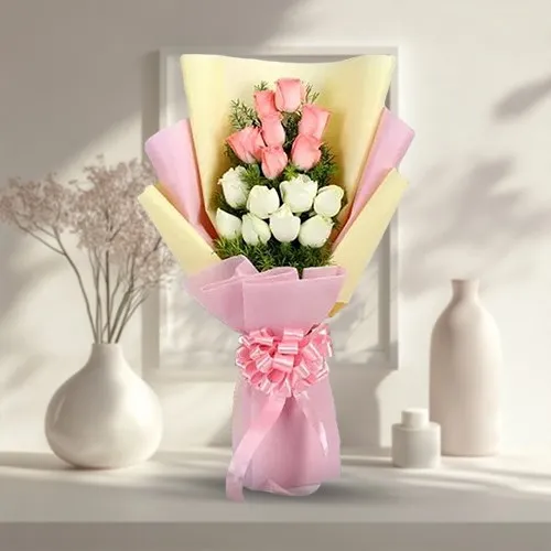 Shop White N Pink Roses Bouquet Online