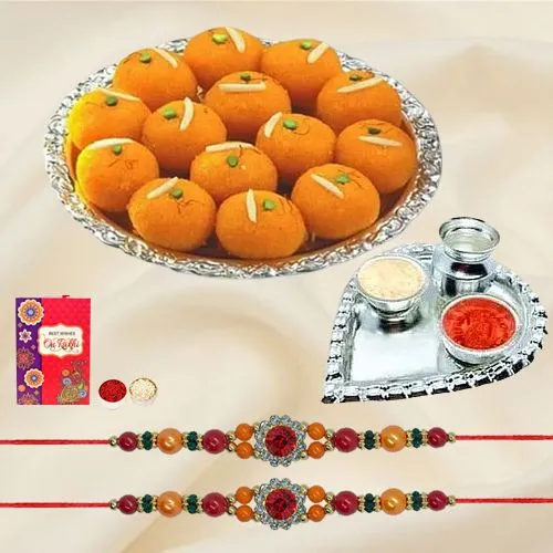 Trendy Stone Rakhis with Haldiram Motichur Laddoo, Roli Tika N Card