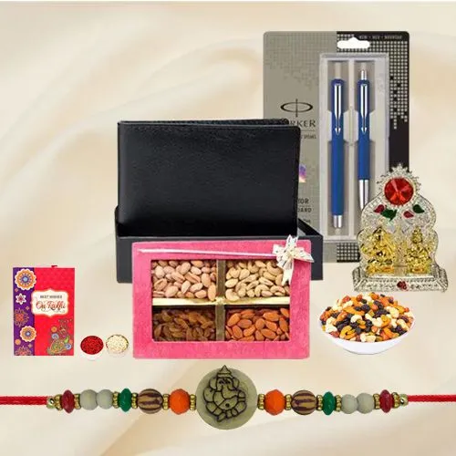 Pious Ganesh Rakhi with Leather Wallet, Mandap, Parker Pen n Dry Fruits