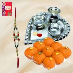Trendy Rakhi and Silver Plated Paan Shaped Puja Thali Trendy Rakhi and Silver Plated Paan Shaped Puja Thali