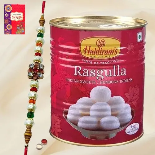 Potent Rakhi Adornment of Haldiram Rasgulla and Designer Rakhi