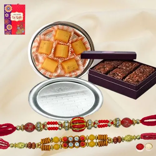 Twin Fancy Rakhis with Brownie, Pineapple Chocolate n Pooja Thali