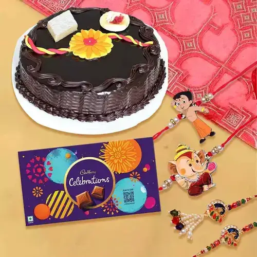 Glamorous Family Set Rakhi with Chocolate Cake  N  Cadbury Celebration Pack